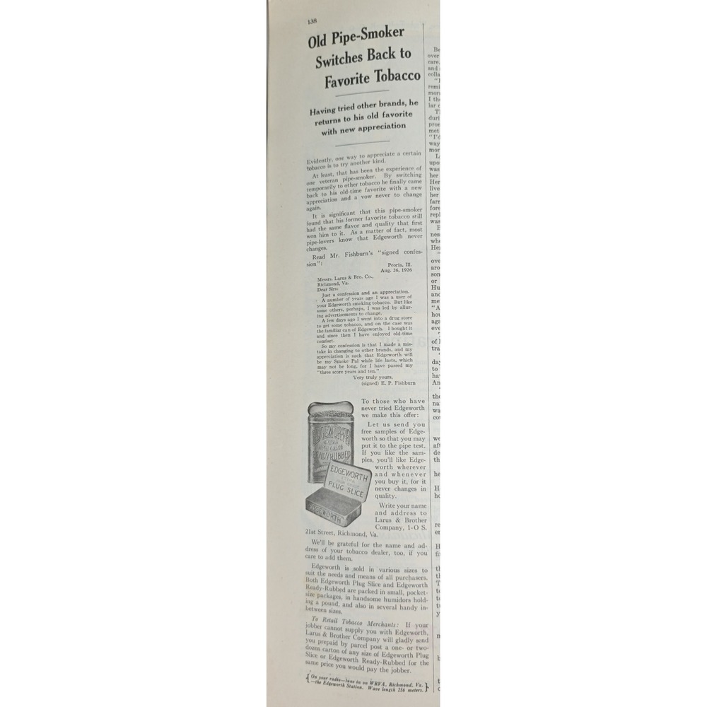 Edgeworth Plug Slice Tobacco Tin Vintage 1927 Advertising Ad